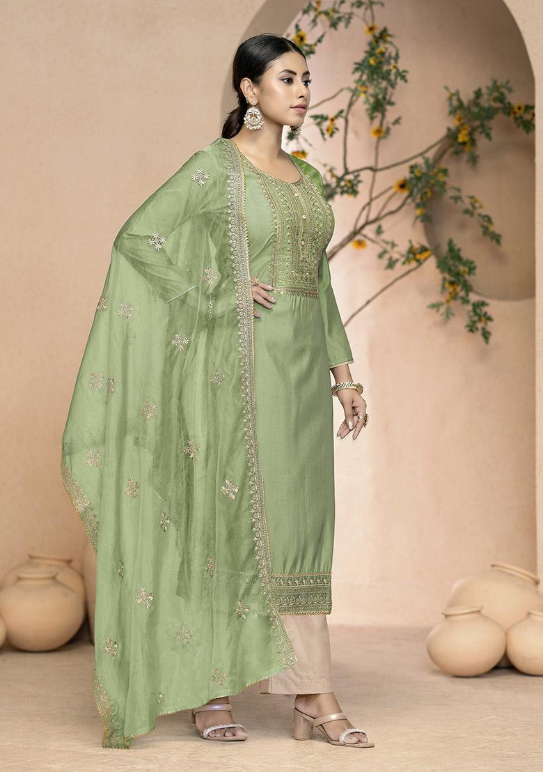 Pista Green Embroidered Organza Dress Material