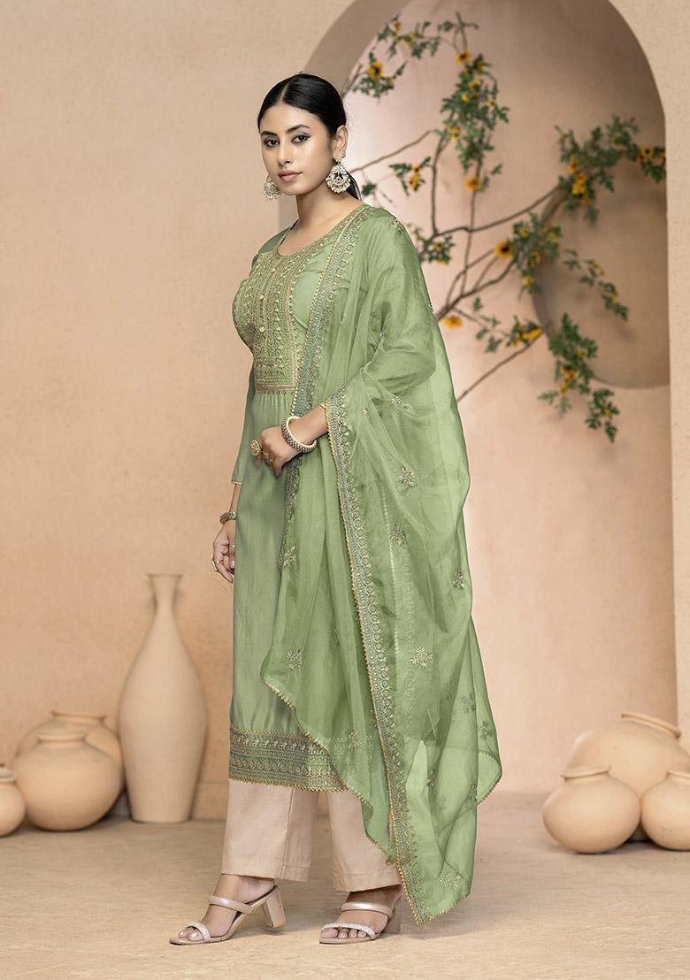 Pista Green Embroidered Organza Dress Material