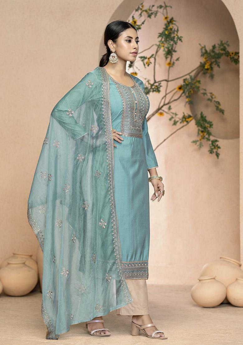 Turquoise Blue Printed Organza Dress Material