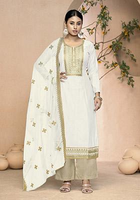 White Printed Organza Dress Material