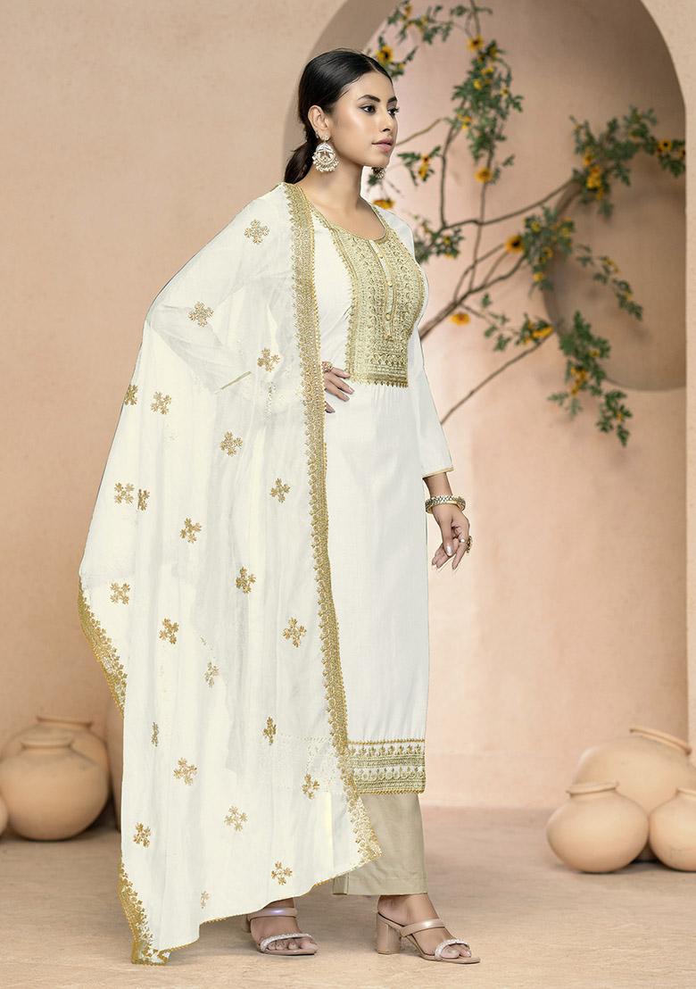 White Printed Organza Dress Material