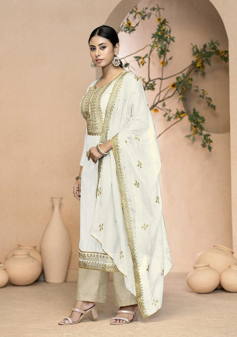 White Printed Organza Dress Material