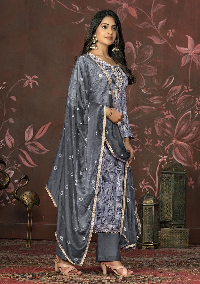 Grey Printed Organza Dress Material