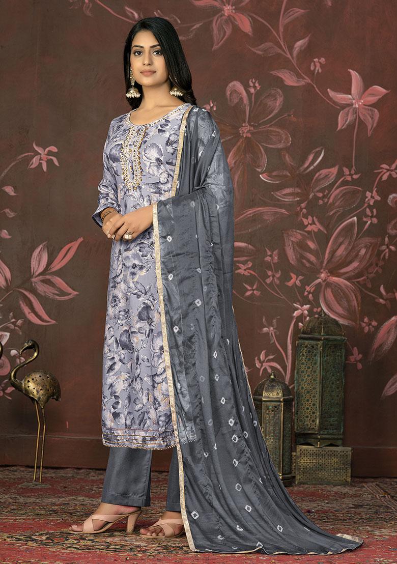 Grey Printed Organza Dress Material