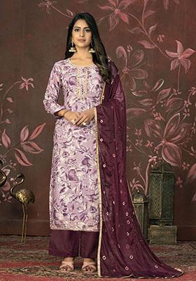 Wine Printed Organza Dress Material