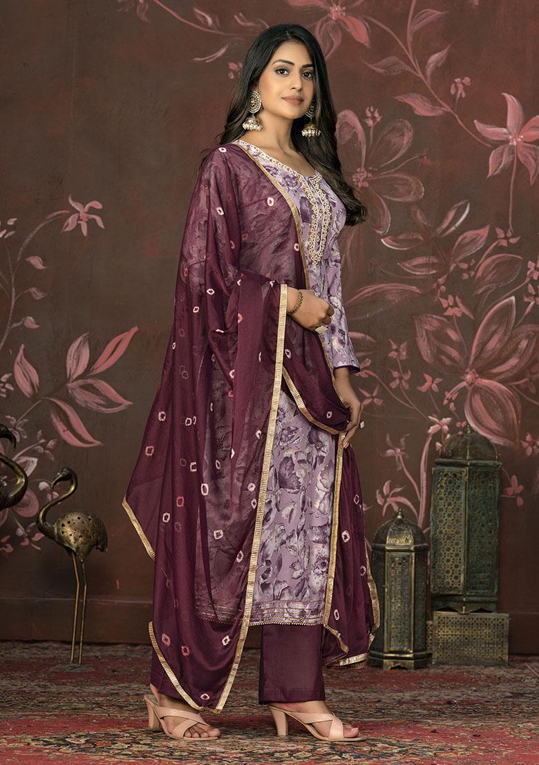 Wine Printed Organza Dress Material