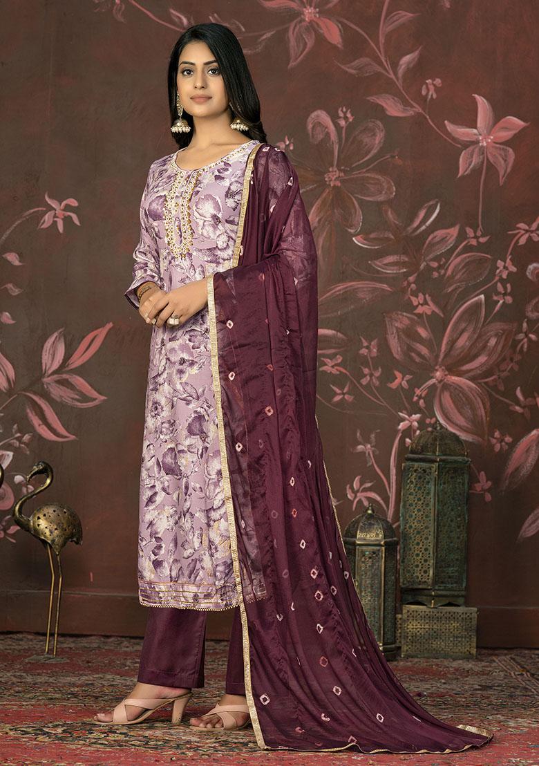 Wine Printed Organza Dress Material