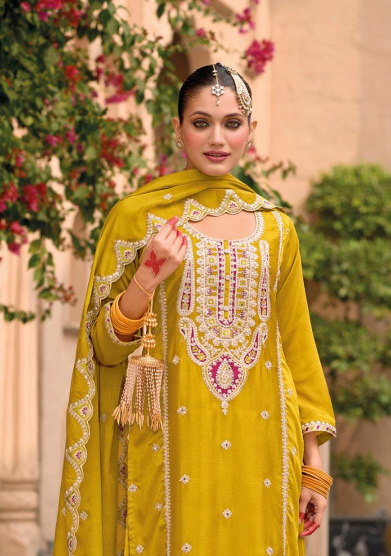 Yellow Embroidered Silk Palazzo Set With Dupatta