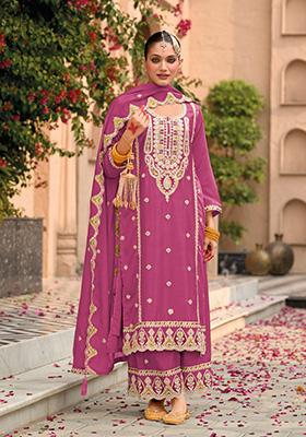 Pink Embroidered Silk Palazzo Set With Dupatta