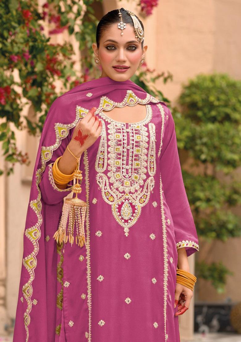 Pink Embroidered Silk Palazzo Set With Dupatta