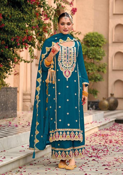 Blue Embroidered Silk Palazzo Set With Dupatta