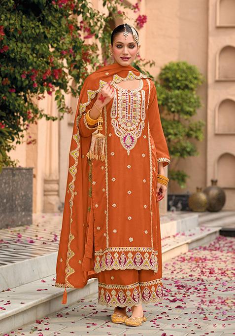 Orange Embroidered Silk Palazzo Set With Dupatta