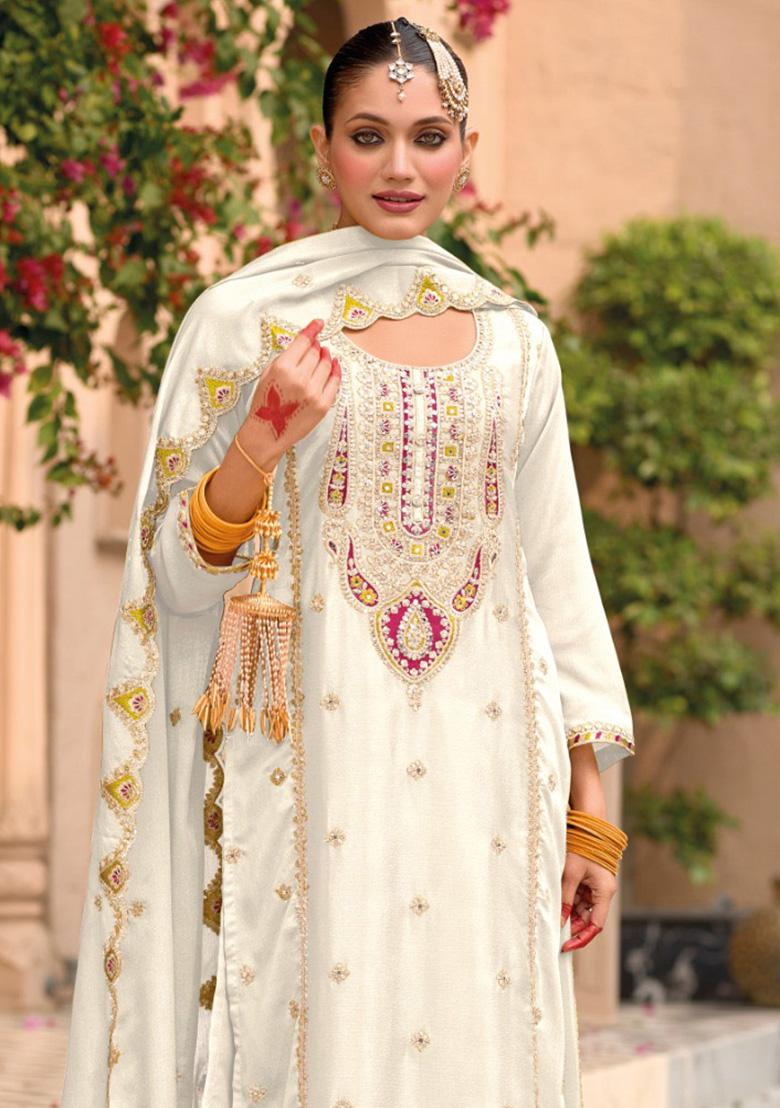 White Embroidered Silk Palazzo Set With Dupatta