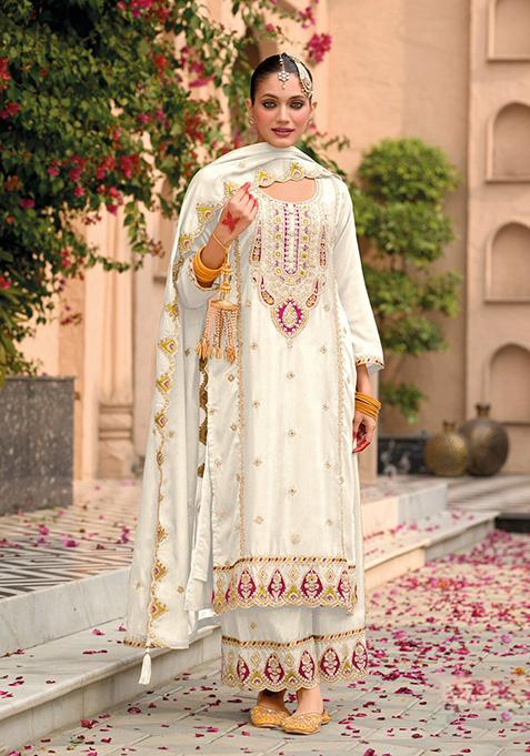 White Embroidered Silk Palazzo Set With Dupatta