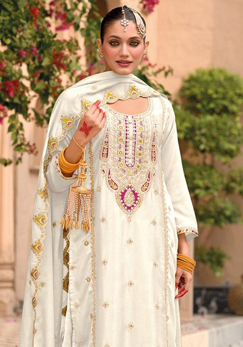 White Embroidered Silk Palazzo Set With Dupatta