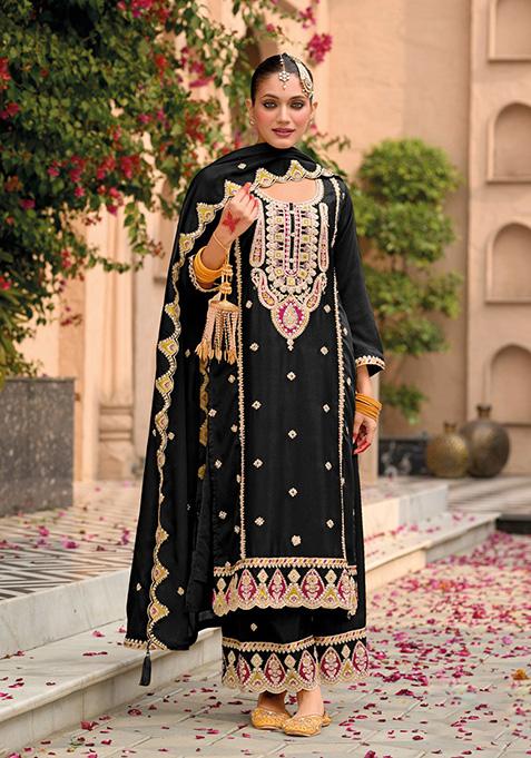 Black Embroidered Silk Palazzo Set With Dupatta