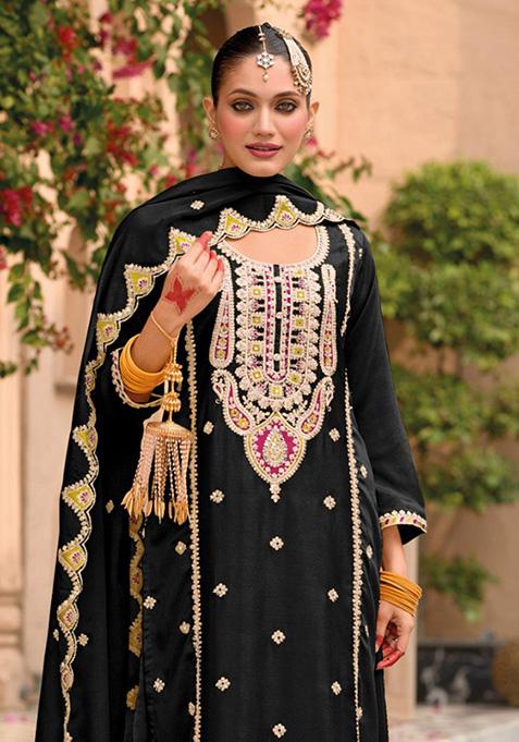 Black Embroidered Silk Palazzo Set With Dupatta