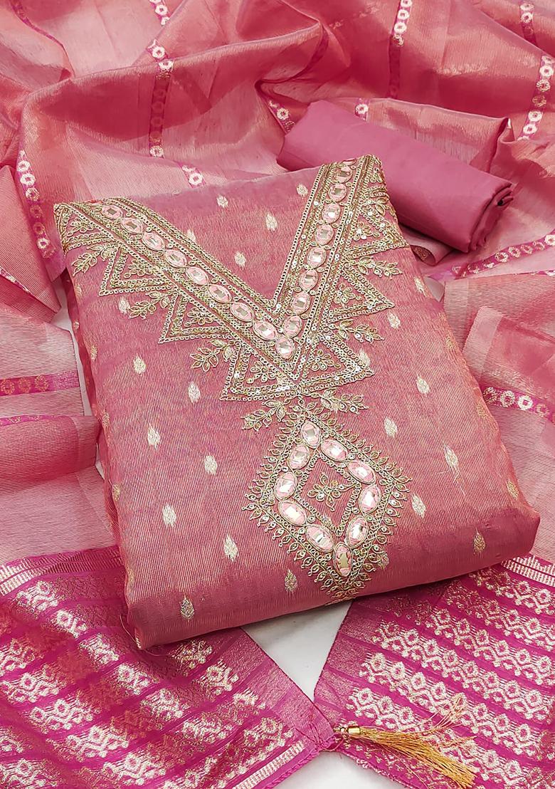 Pink Solid Silk Dress Material