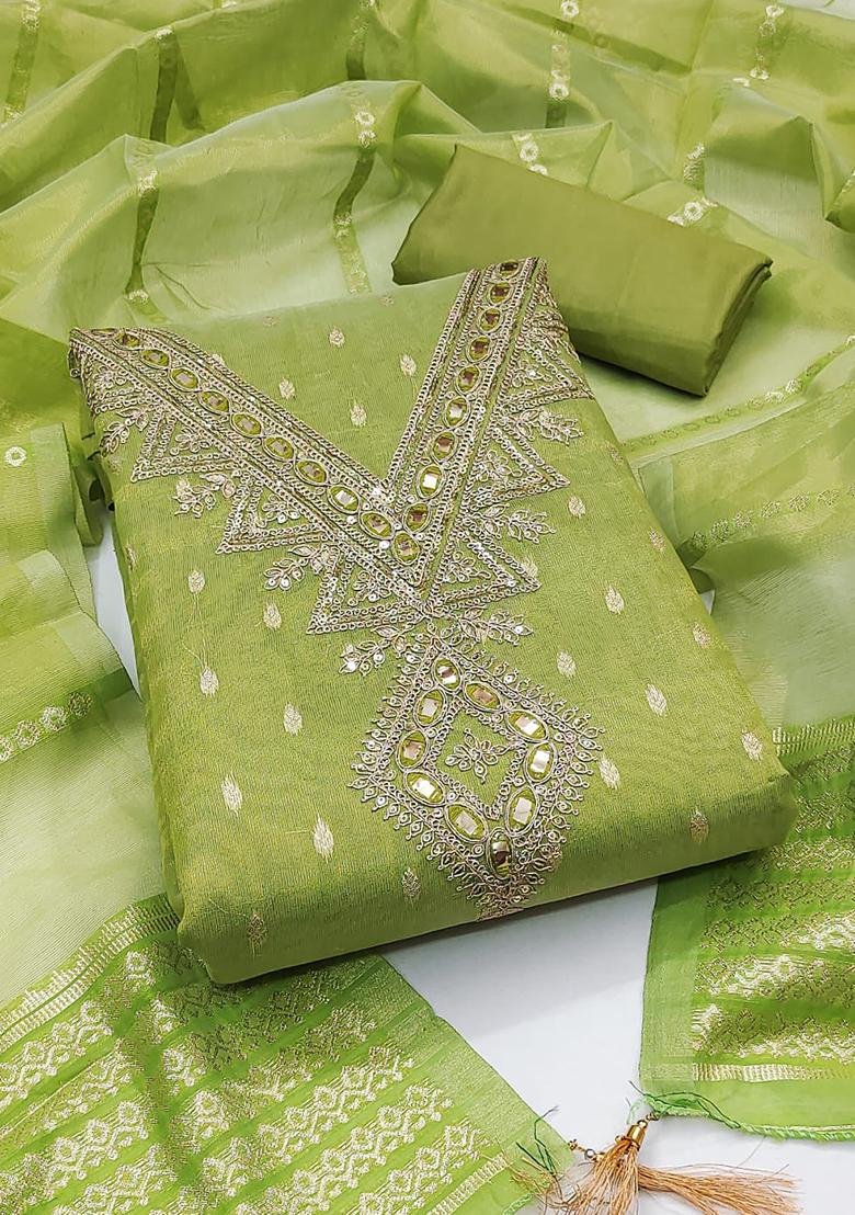 Olive Green Solid Silk Dress Material