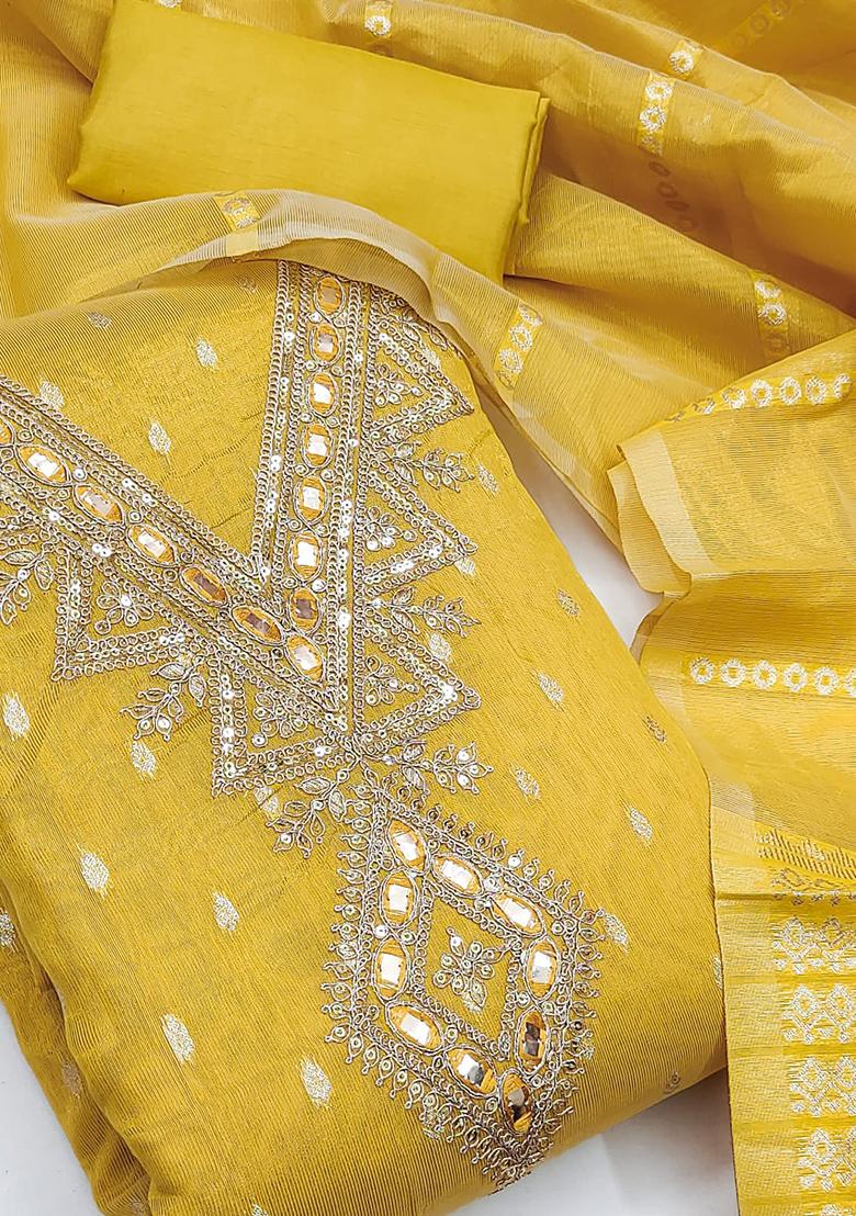 Yellow Solid Silk Dress Material