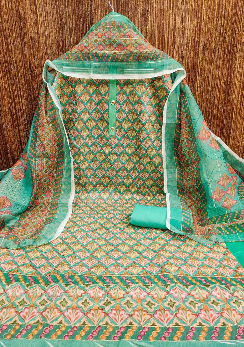 Teal Blue Solid Chanderi Dress Material