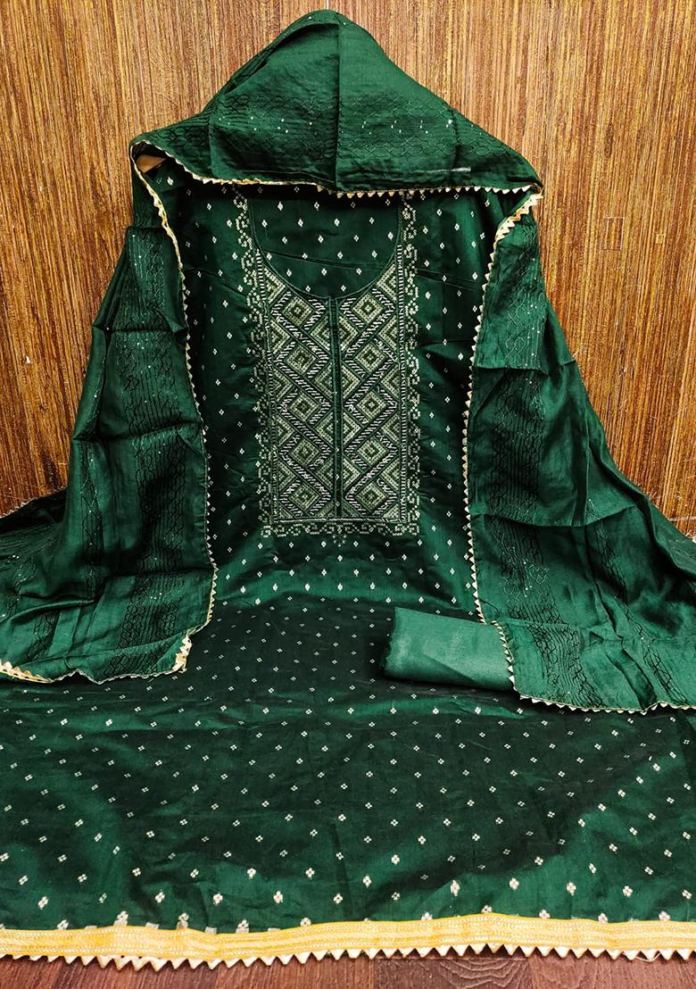 Green Solid Jacquard Dress Material