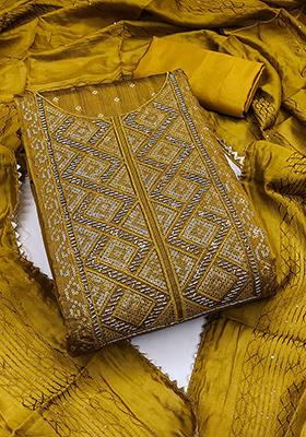 Mustard Yellow Solid Jacquard Dress Material