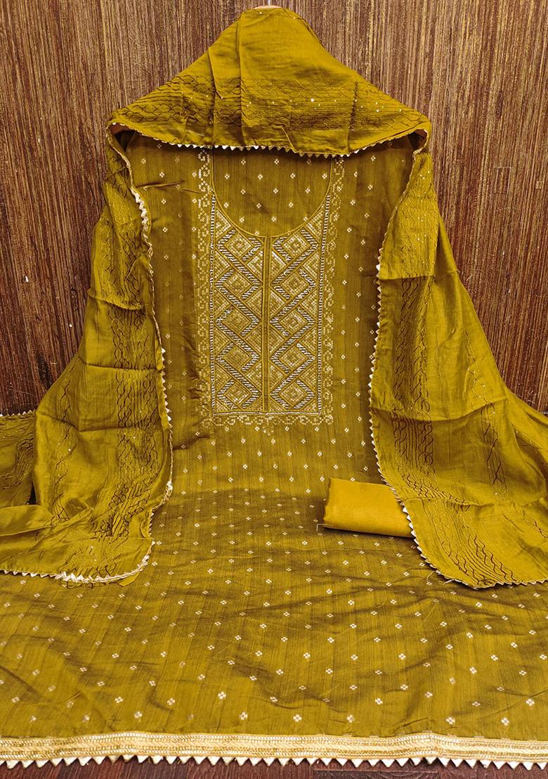 Mustard Yellow Solid Jacquard Dress Material