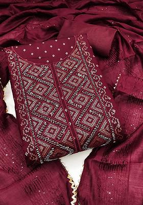 Red Solid Jacquard Dress Material