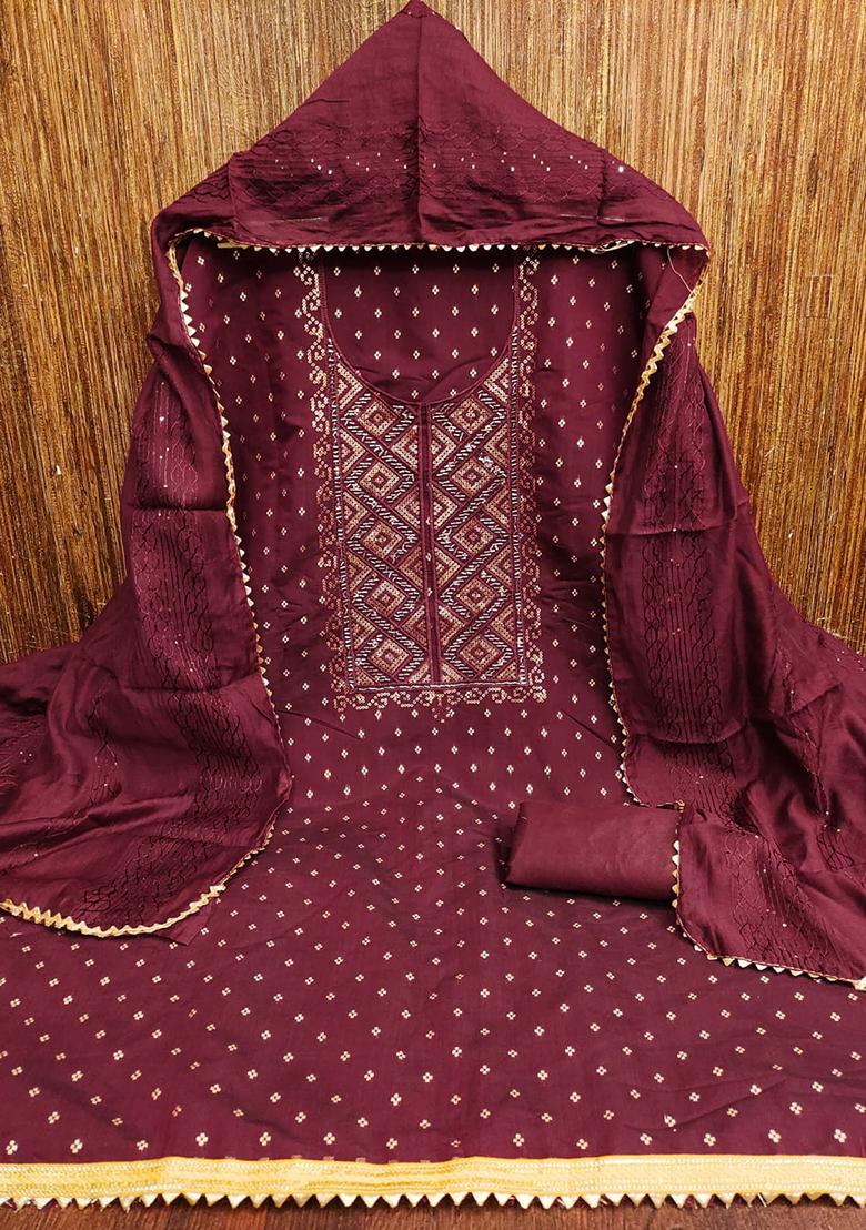 Red Solid Jacquard Dress Material