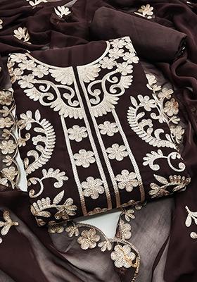 Brown Solid Georgette Dress Material