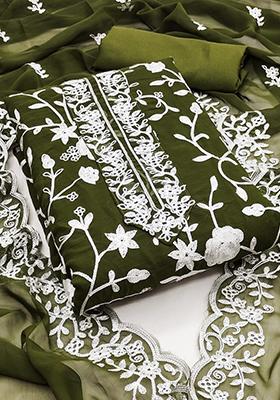 Green Solid Georgette Dress Material