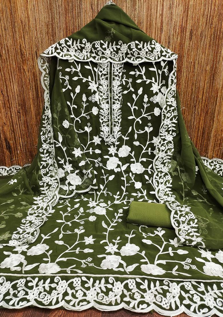 Green Solid Georgette Dress Material