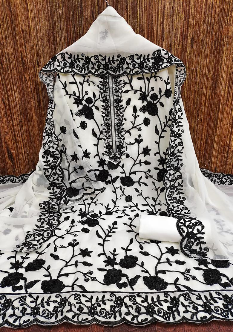 White Solid Georgette Dress Material