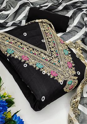 Black Solid Chanderi Dress Material