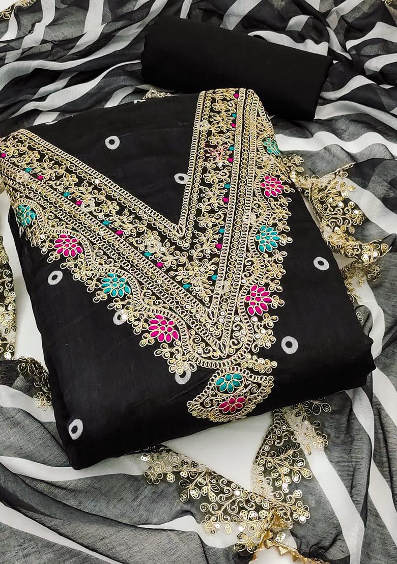 Black Solid Chanderi Dress Material