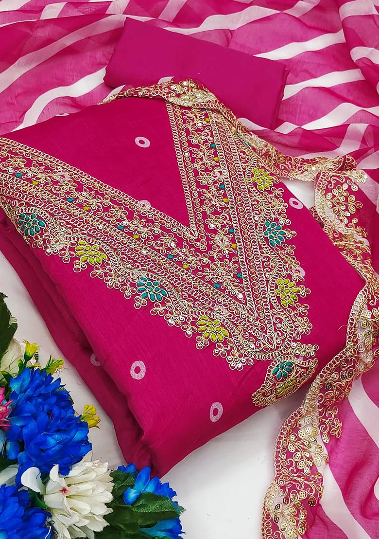 Pink Solid Chanderi Dress Material