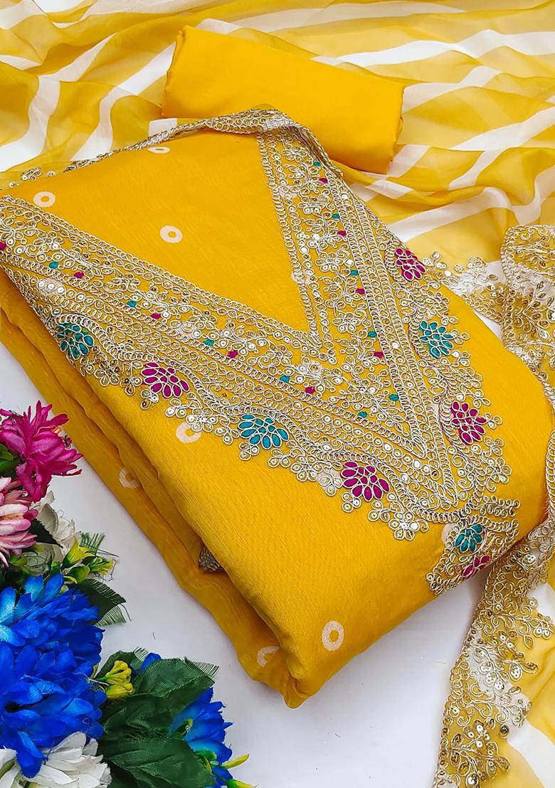 Yellow Solid Chanderi Dress Material