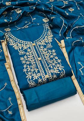 Blue Solid Silk Dress Material