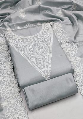 Grey Solid Silk Dress Material