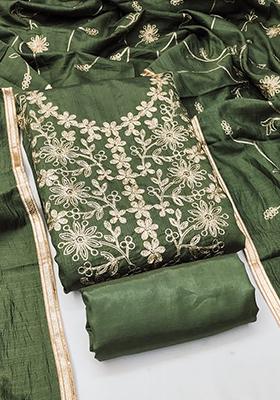 Olive Green Solid Silk Dress Material