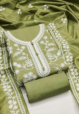 Olive Green Solid Silk Dress Material