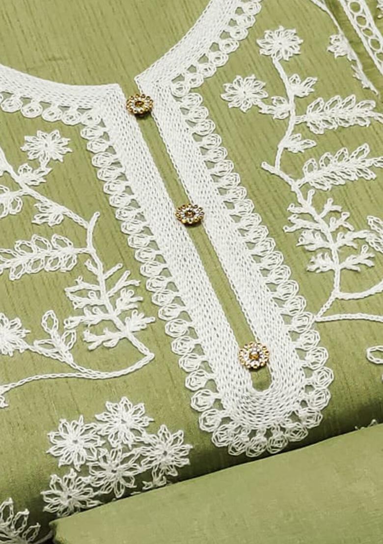 Olive Green Solid Silk Dress Material