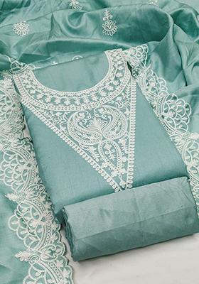 Teal Blue Solid Silk Dress Material