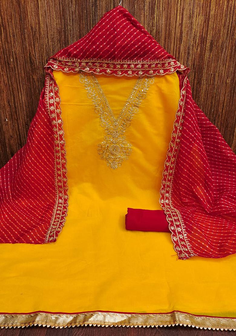 Gold Solid Chanderi Dress Material