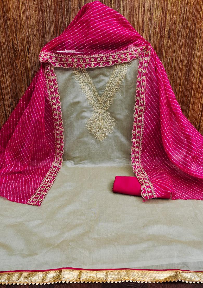 Grey Solid Chanderi Dress Material