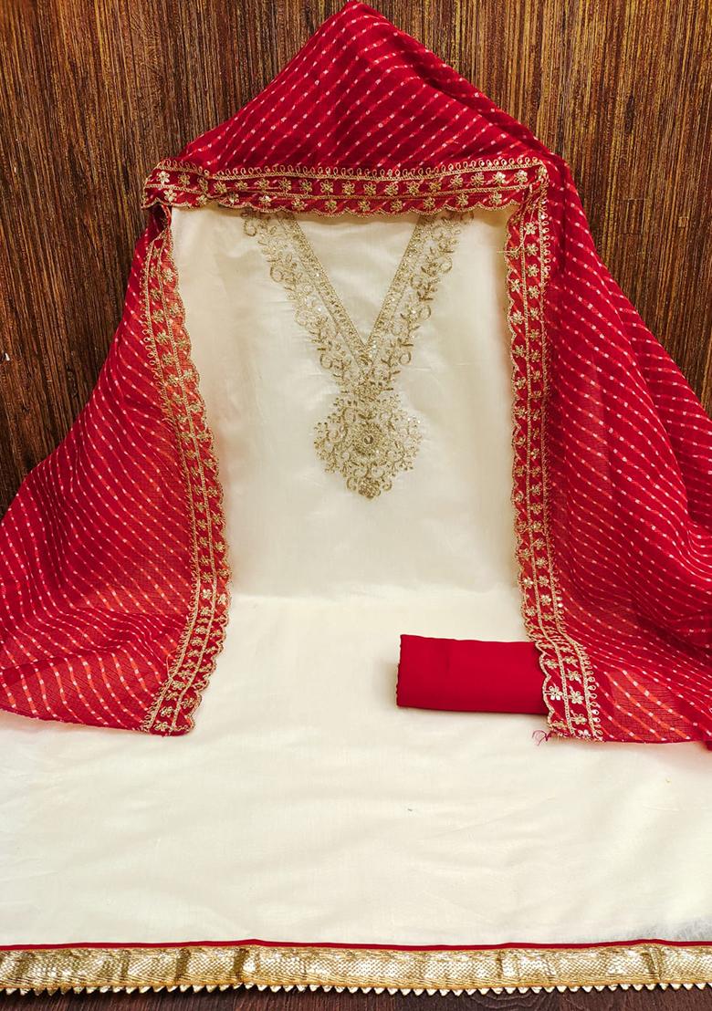White Solid Chanderi Dress Material