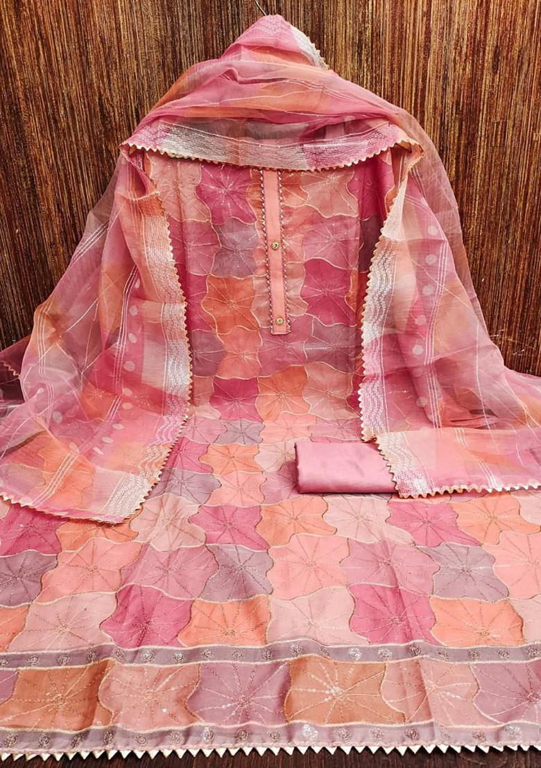 Pink Solid Organza Dress Material