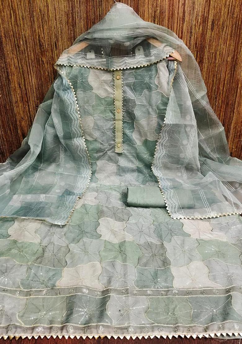 Teal Blue Solid Organza Dress Material