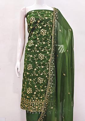 Olive Green Solid Georgette Dress Material